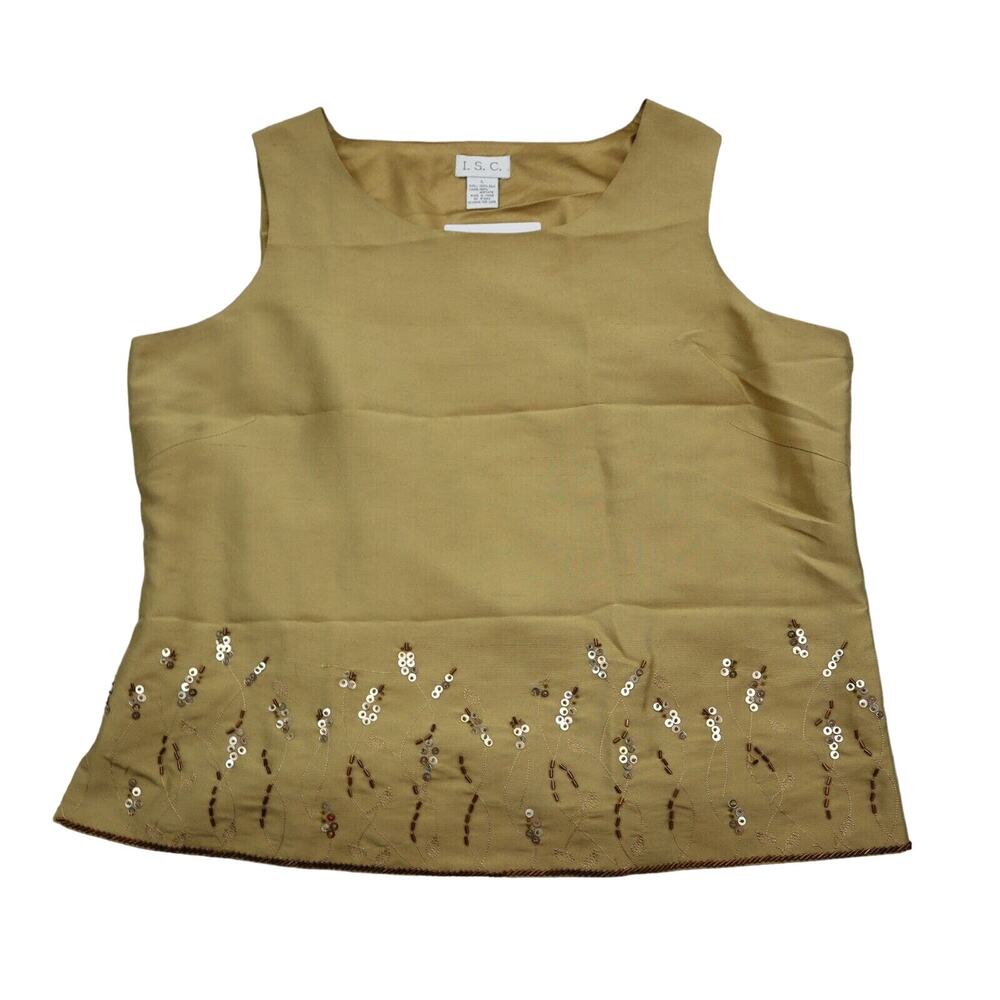 ISC Shirt Womens L Gold Sequin Sleeveless Scoop Neck Side Zip Casual Top